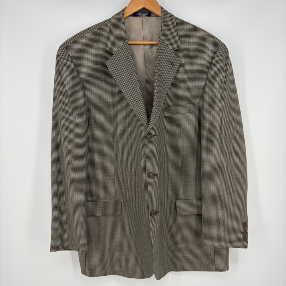 Mens Brown Micro Houndstooth 3 Button Blazer Sport Coat Jacket 46L Silk Blend